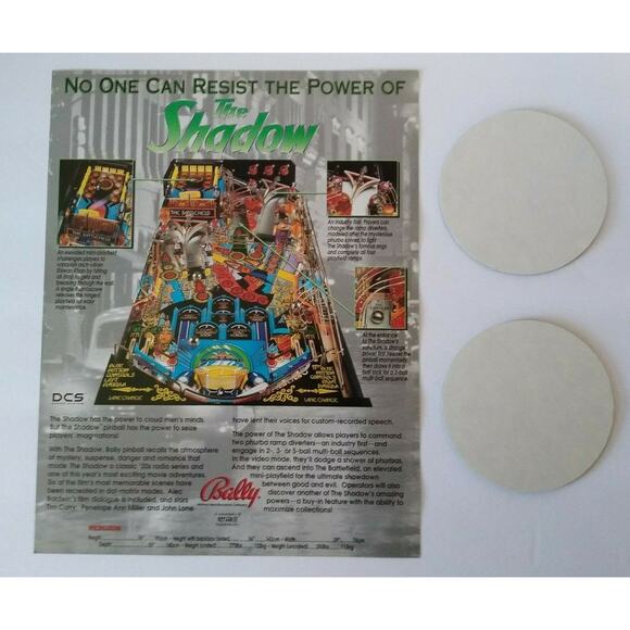 The Shadow Pinball FLYER and 2 Promos Alec Baldwin Plastic Coasters Original NOS - Picture 3 of 5